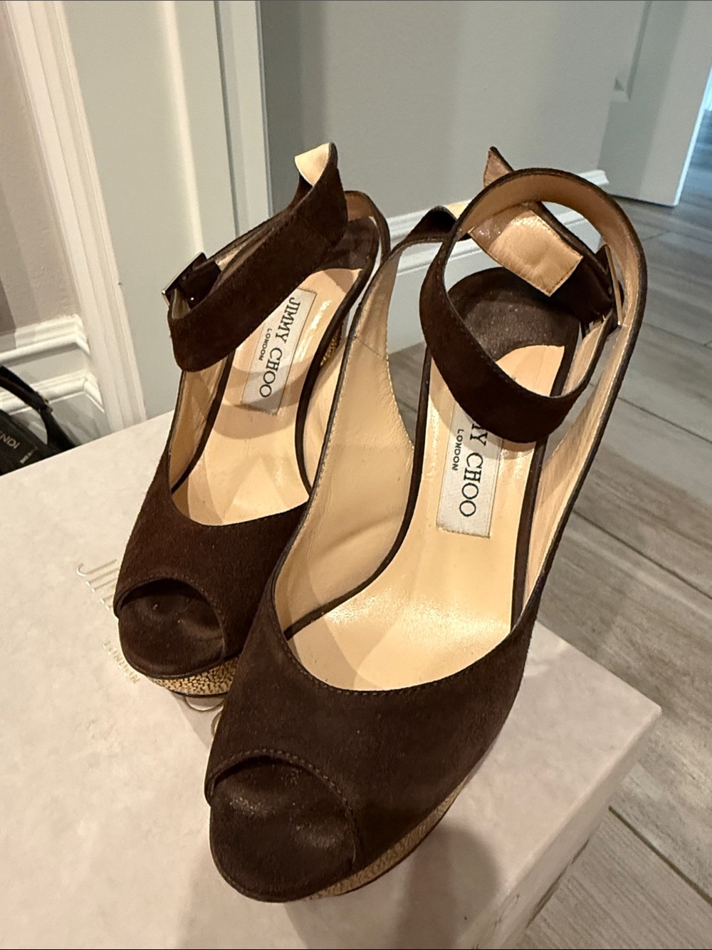 Jimmy Choo Dark Brown Suede Peep-Toe Wedge Sandals